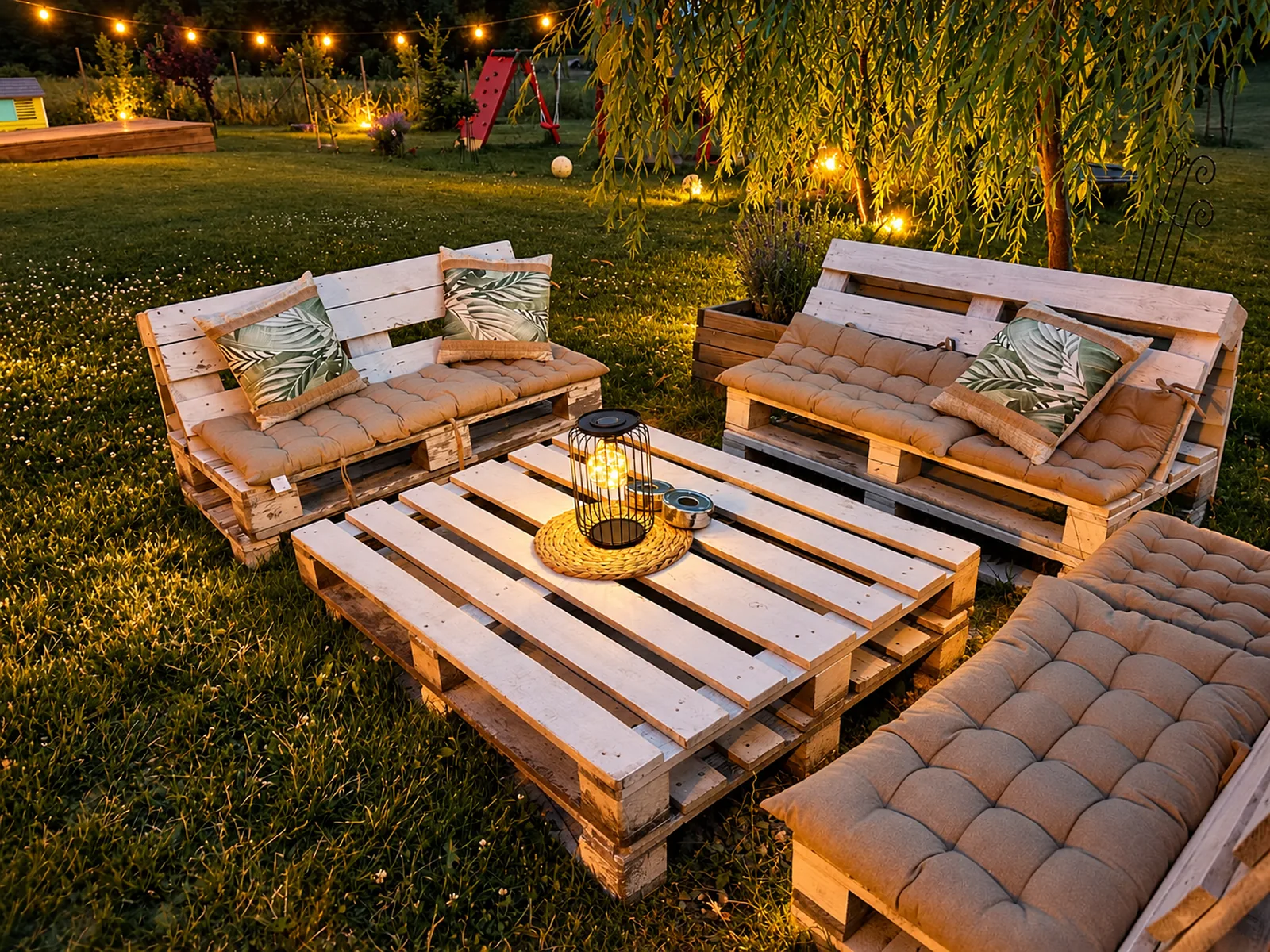 Colțul de lounge din paleți, seara, sub luminițe